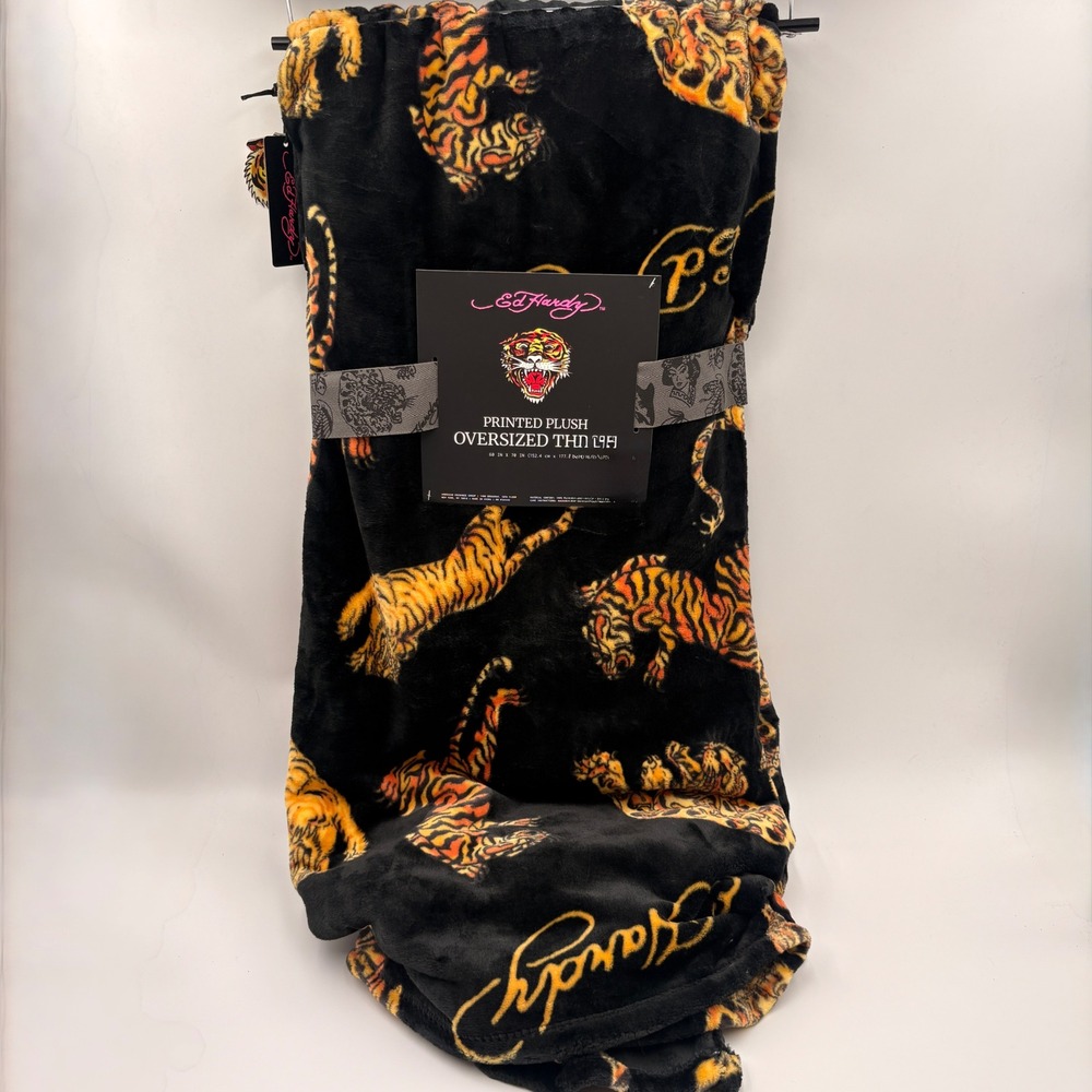 Ed Hardy Tiger‎ Print Plush Oversized Throw Blanket Black Orange 60x70 New